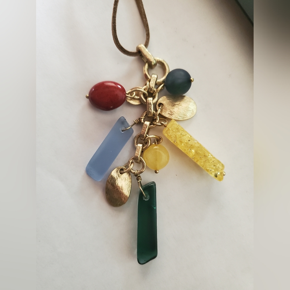 NWT Chico's  Lucky Charm Tassel Necklace Leather  Cord  MULTI  beads